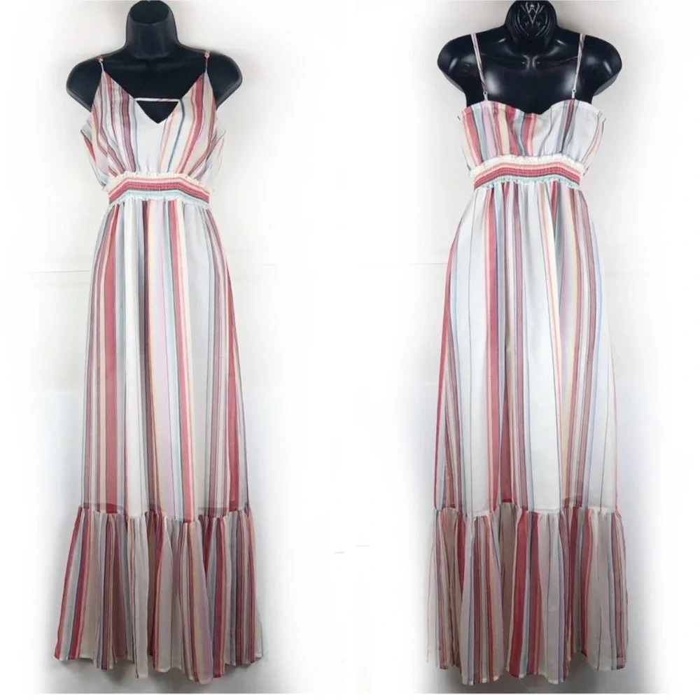 JACK by BB DAKOTA Rainbow Stripe Chiffon Maxi Dress V Neck Size Small - Picture 2 of 2